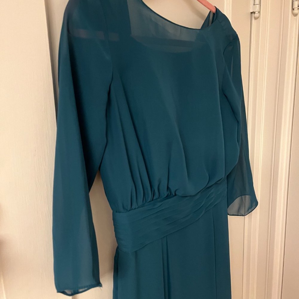 Mermaid Gown in peacock with sheer sleeves